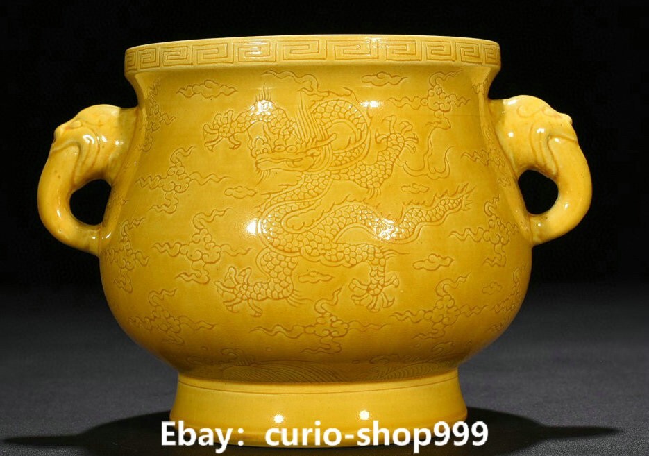 Yellow Glaze Porcelain Dragon Loong Incense Burner with Beast Pattern and Double Ears
