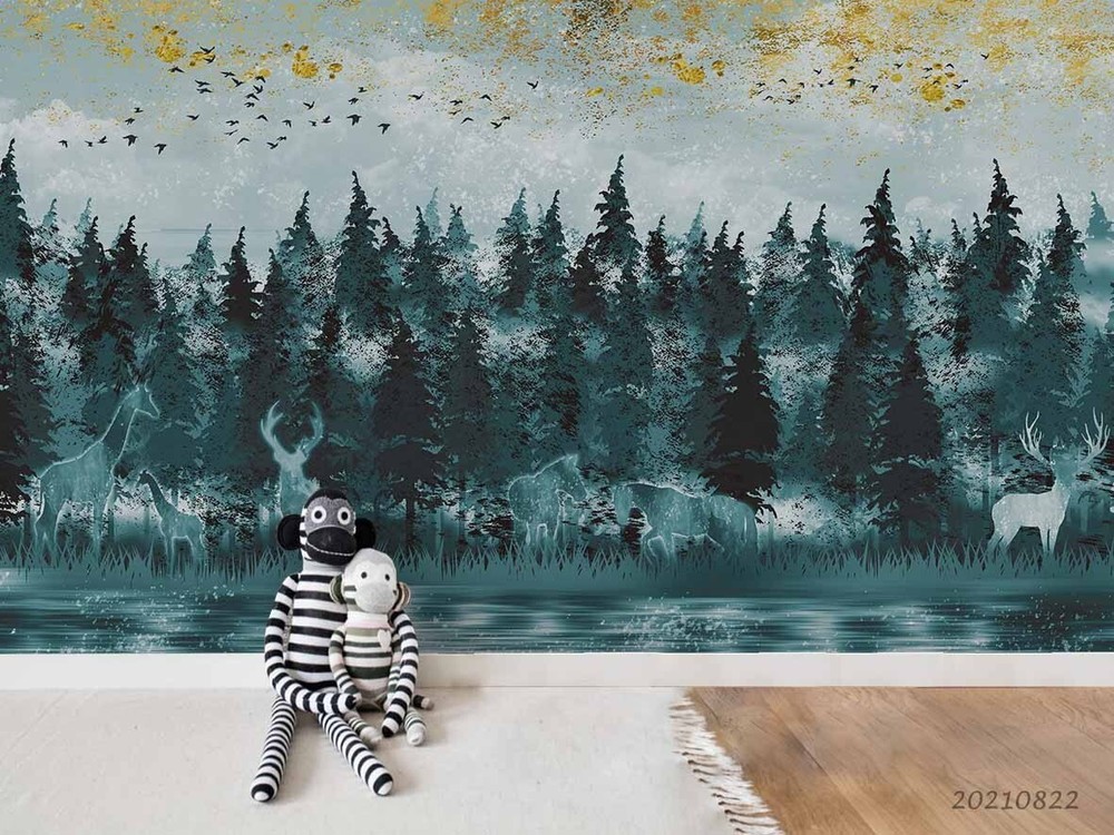 3D Green Forest Animal Hand-Drawn Wallpaper Murals and Stickers for Walls