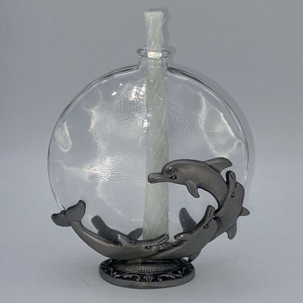 Vintage Pewter & Glass Dolphin Swimming Circle Oil Lamp Vase