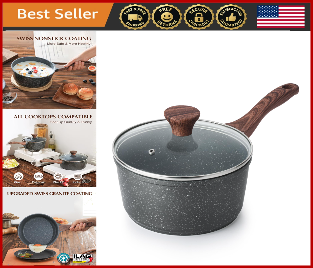 2 Qt Nonstick Saucepan with Lid Granite Coating Induction Safe Cool Touch Handle