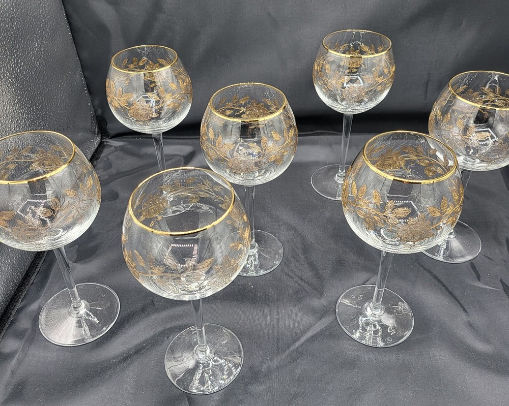 Vintage Coupe Crystal Wine Glasses with Gold and Rose Gold Trim Set of 7
