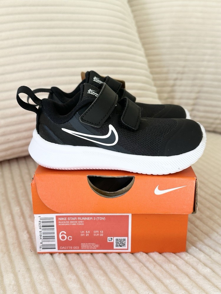 Nike Star Runner 3 Toddler Shoes Black White Easy On Strap Size 6C NEW