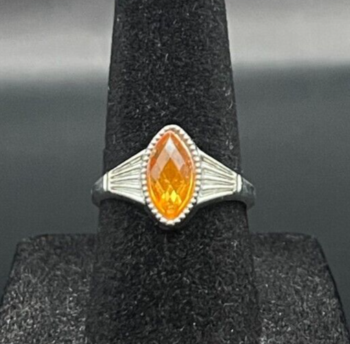Silver Tone Amber Yellow Rhinestone Ring - Size 6.5