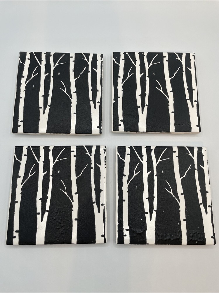 Fired up Handmade  USA Made Terracotta Ceramic Tile Birch Trees  6” Trivets-4