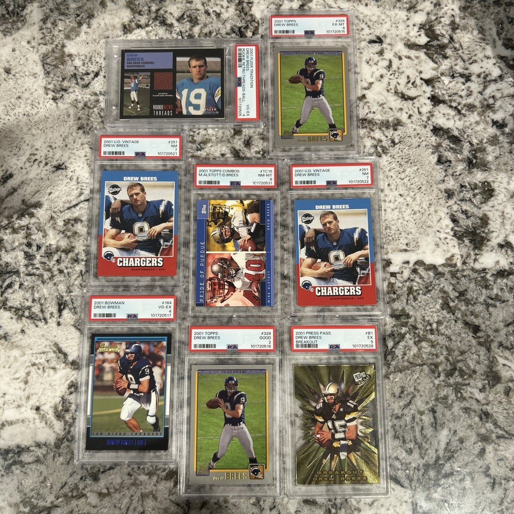 (8) 2001 Topps Drew Brees RC Lot Game Used Patch Bowman Saints  Low Grade Slabs