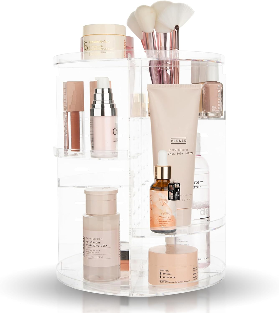 Masirs, Rotating Makeup Organizer - Adjustable Shelf Height and Fully Rotatable,