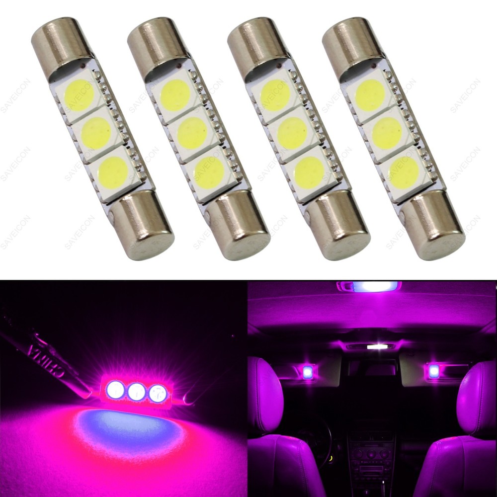 4 x Pink 28mm 3SMD T6 6641 LED Bulbs Sun Visor Vanity Mirror Fuse Lights + TOOL