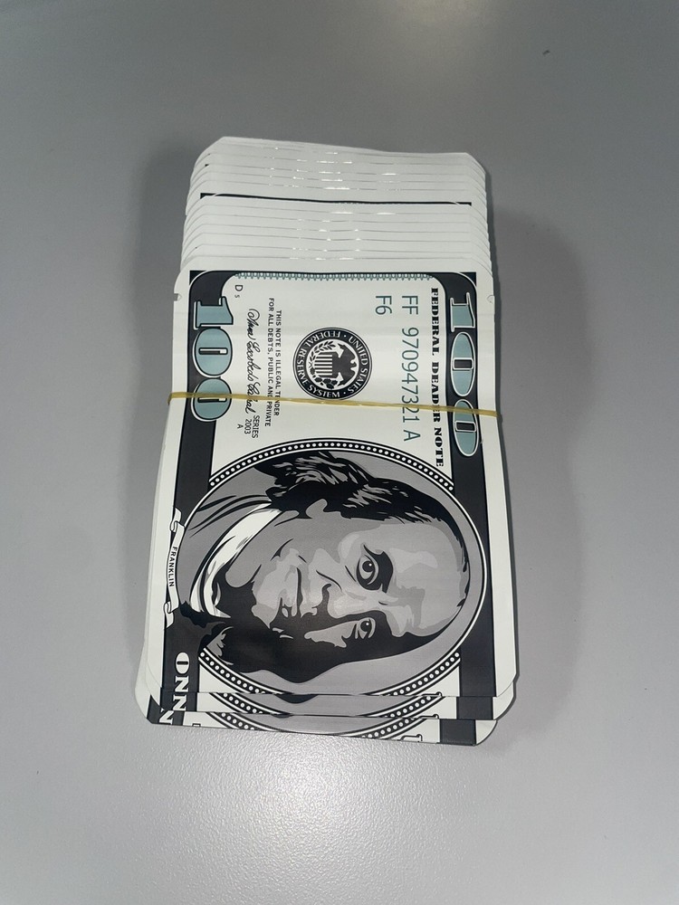 50PC Square 100 Dollar Mylar Bags 3.5g | Smell-proof Food Storage