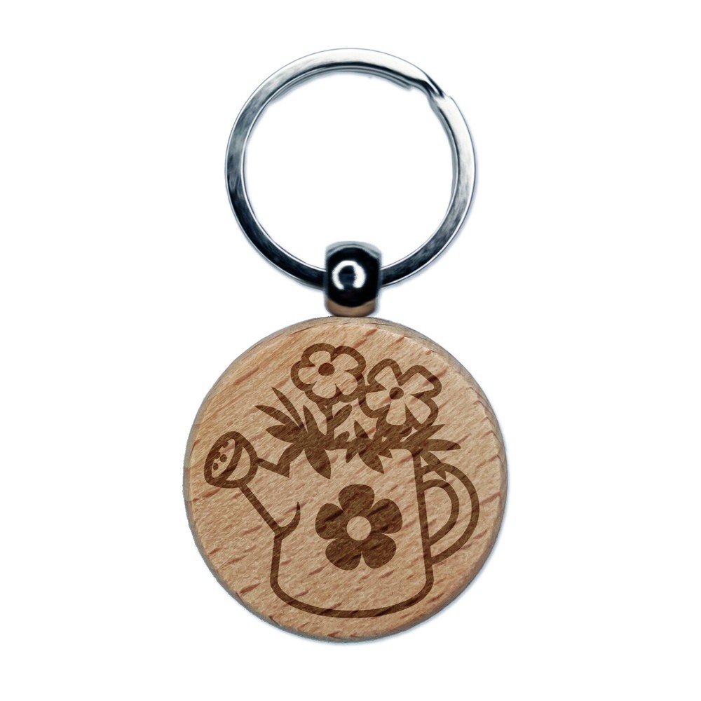 Charming Floral Engraved Wooden Watering Can Keychain Tag Charm
