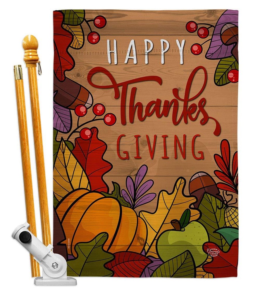 Happy Thanksgiving House Flag Set Fall Turkey Gobble Pumpkin Decor