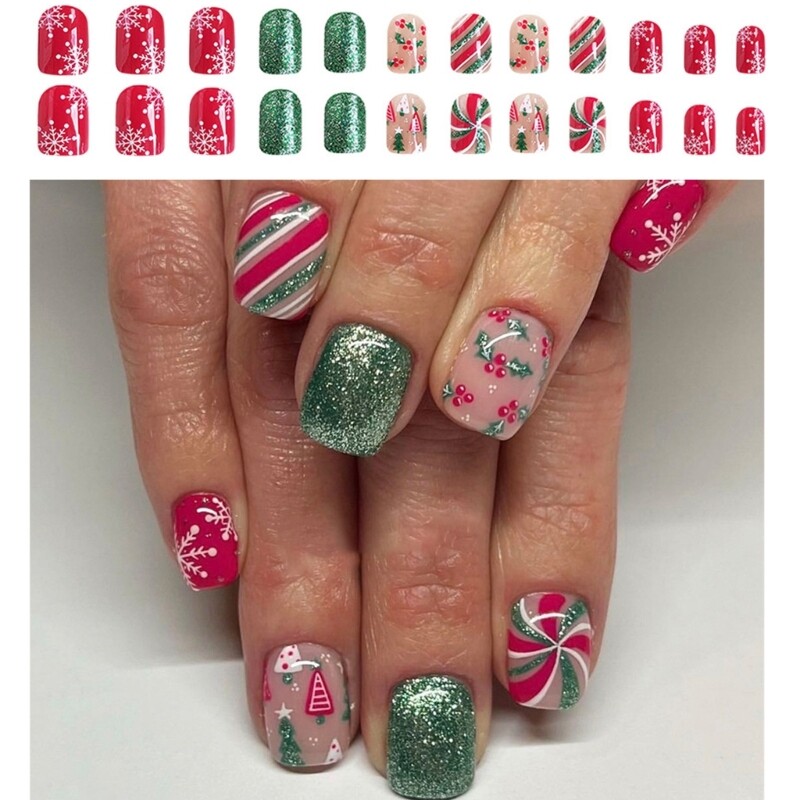 Festive Short Square Christmas Press-On Nails 24Pcs Holiday Glam