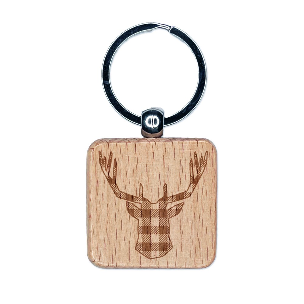 Plaid Deer Stag Head Buffalo Engraved Wooden Square Keychain Charm