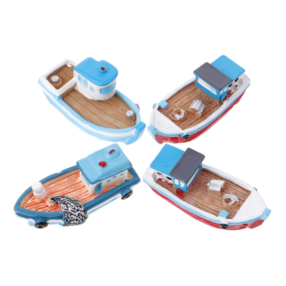 4-piece resin fishing boat model set mini tiny boat ornaments