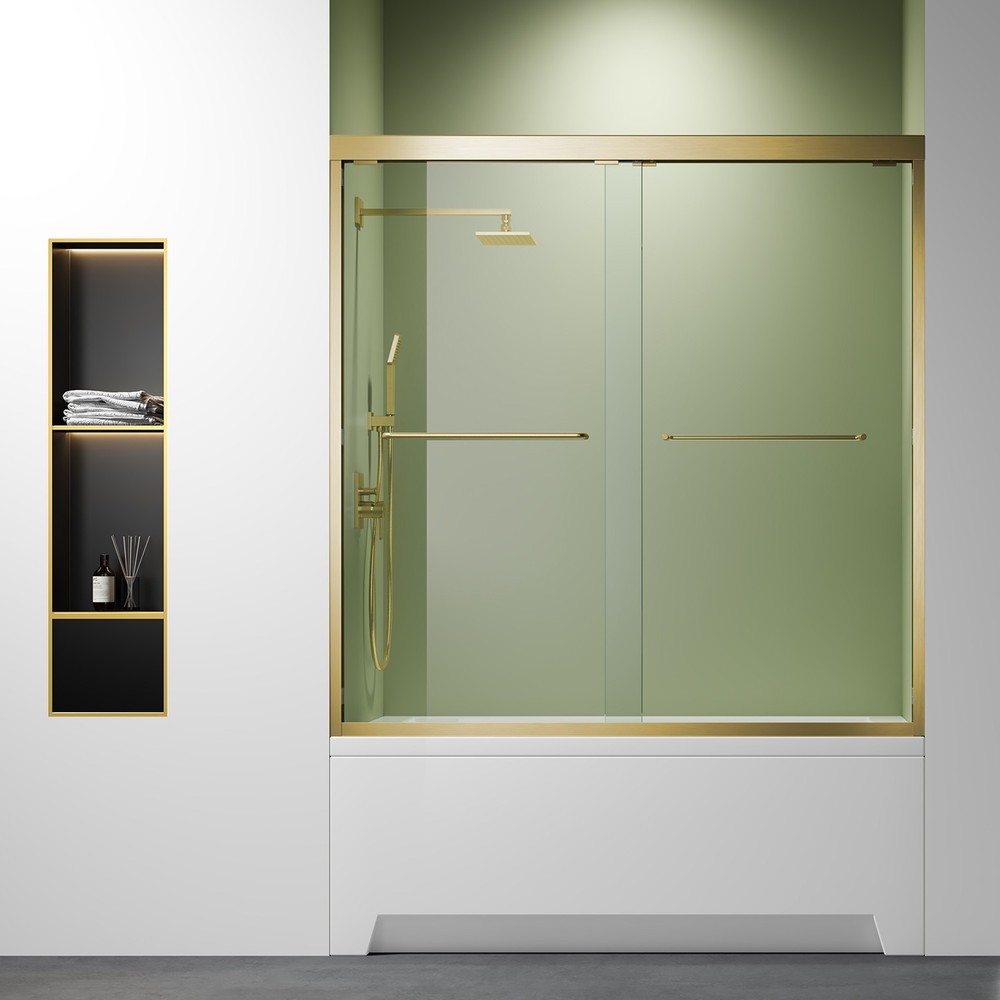 56-60 x 57 Inch Clear Glass Bathtub Door with Brushed Gold Frame  