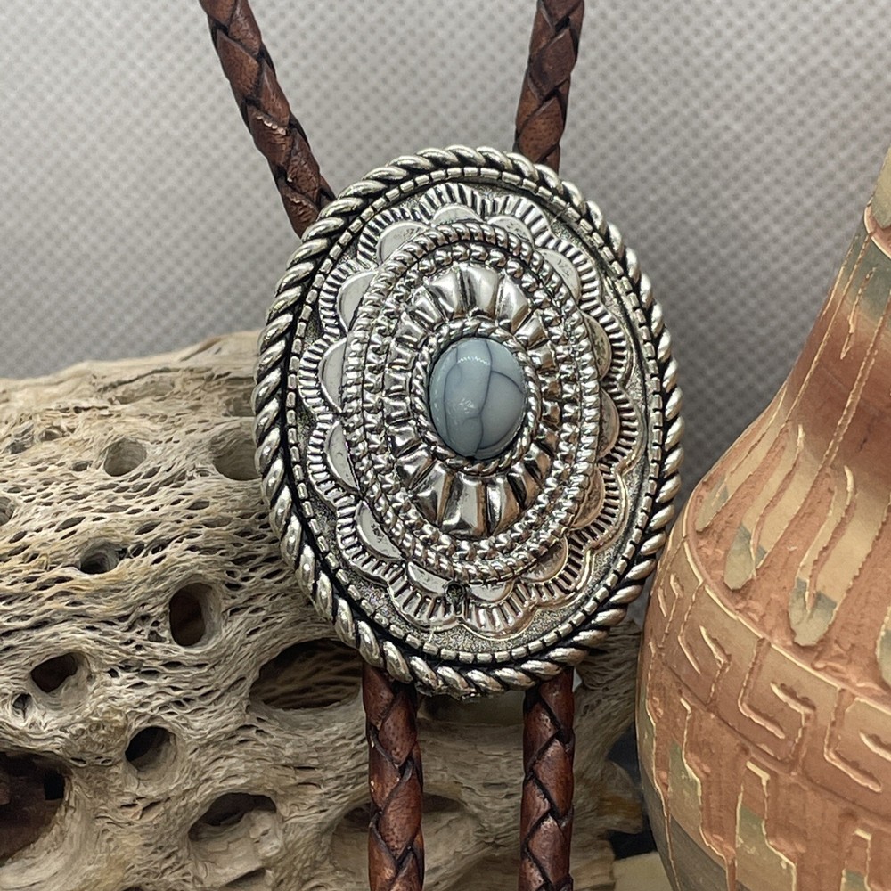 Fathers Day Turquoise Leather Bolo Tie with Concho Western Southwest Style-image