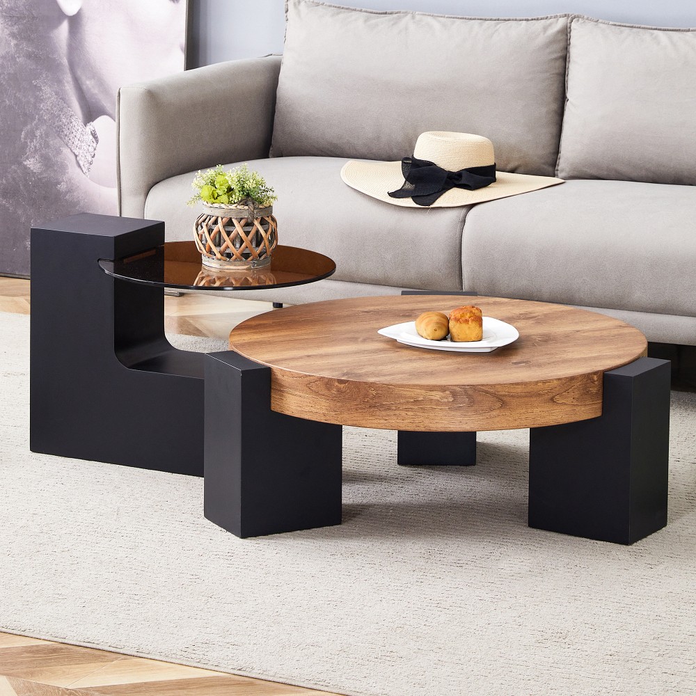 Double-Layer Round Coffee Table Clear Glass Top Features L-Shaped Legs Removable