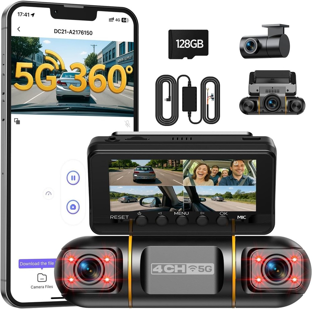 360°Dash Cam 4 Channel FHD 1080P Front Rear Inside Car Camera 24H/7 Parking 128G