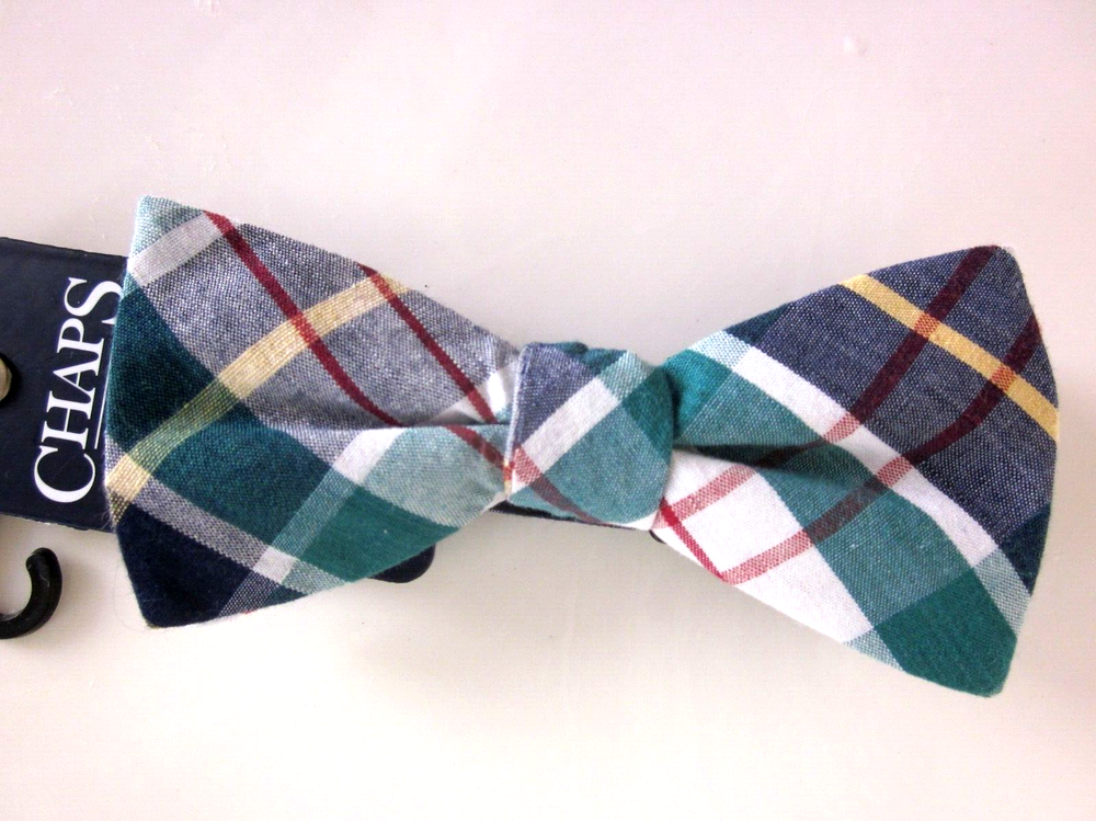 New $38.00 - CHAPS Plaid Cotton Bow Tie - Adjustable Neck Band - One Size - G/N