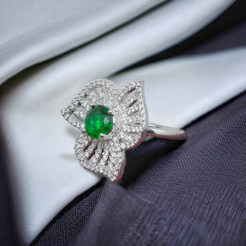 Emerald and Diamond Cocktail Ring with CZ and American Diamonds