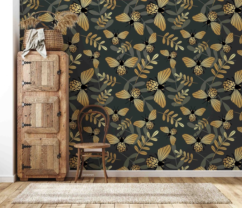 3D Gold Leaves Insect Pattern Wall Murals Wallpaper Murals Wall Sticker