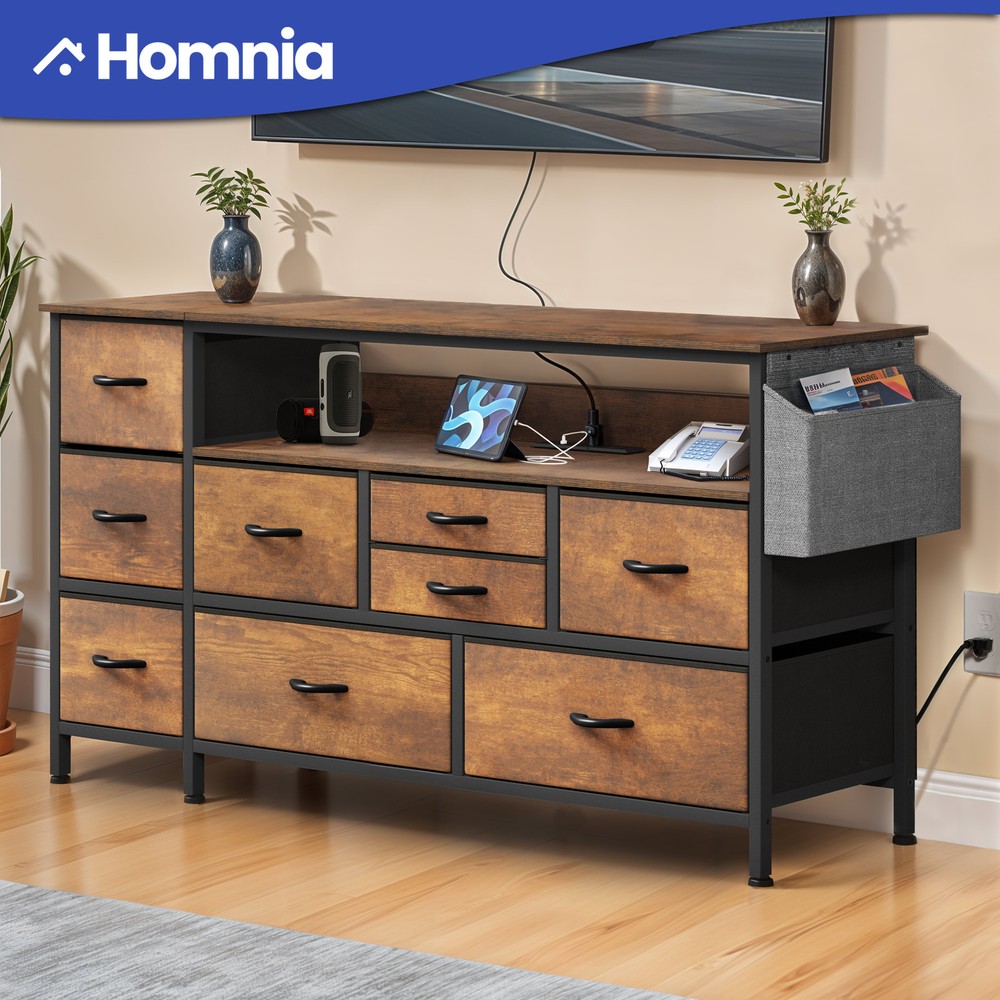 Chest of 9 Drawers Brown Dresser Wood Storage Organizer Cabinet with USB Ports