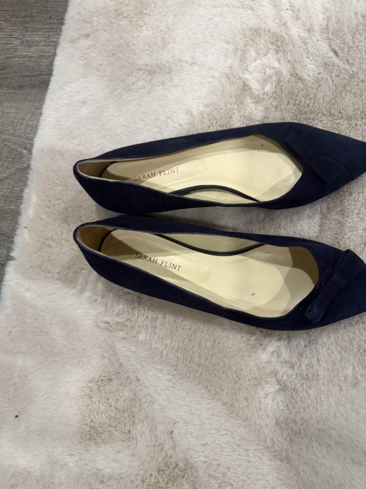Sarah Flint Navy Suede Pointed Toe Flats with Bow for Women