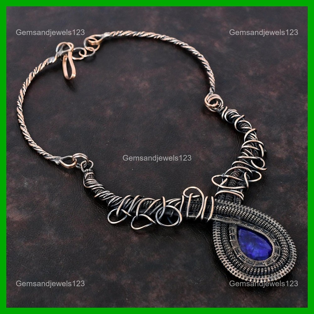 Mothers Day Blue Sapphire Gemstone Copper Wire Wrapped Trendy Necklace Sale-image