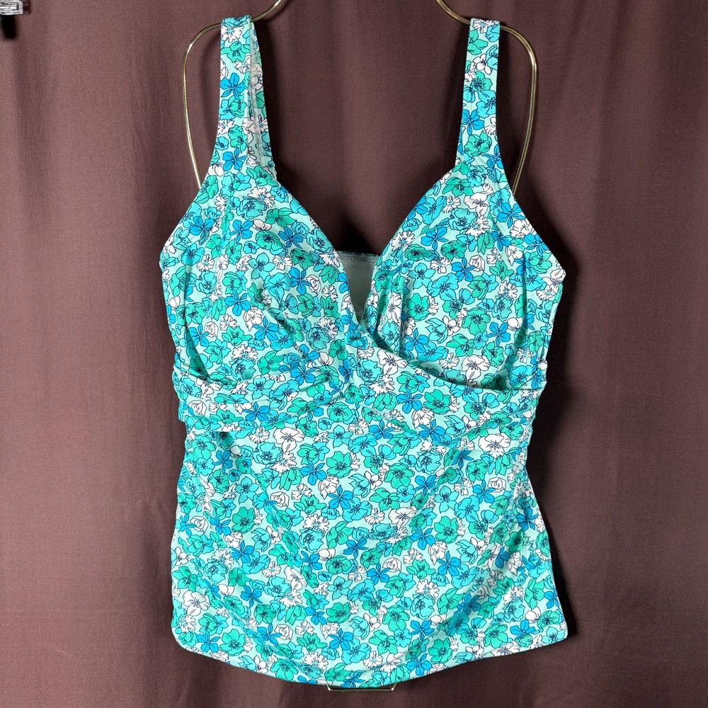 Lands End Womens 14 V-Neck Wrap Tankini Tummy Control Swim Top Turquoise Aqua