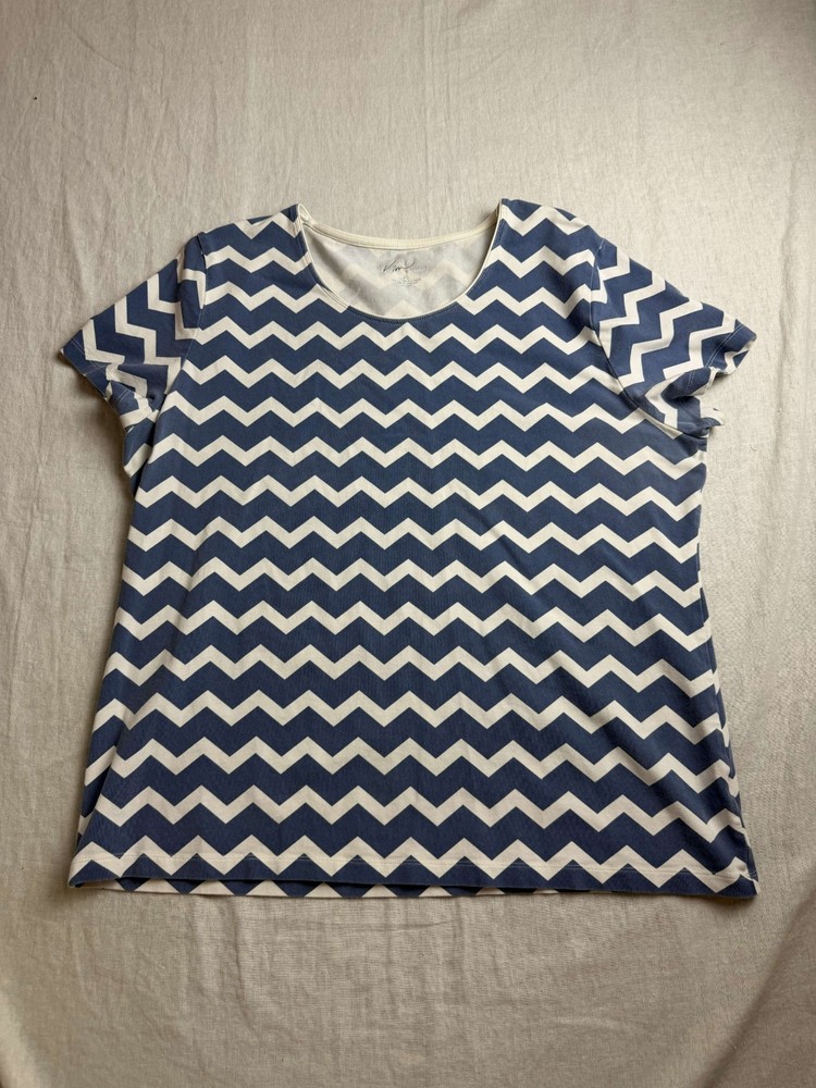 Kim Rogers Top Womens XL Blue White Chevron  Zig Zag Short Sleeve Stretch Boho