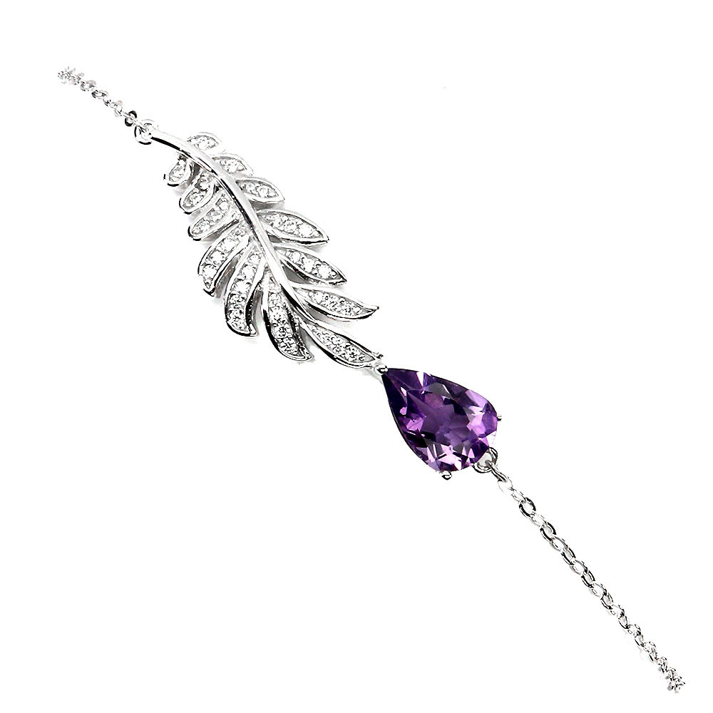 Valentine’s 925 Silver Bracelet with Pear Amethyst Natural Gemstone 7.5-Inch Jewelry