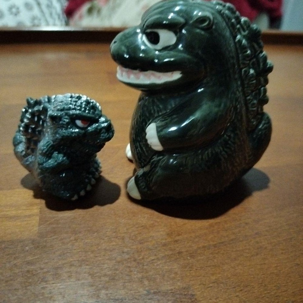 2 Godzilla Figures, Ceramic Pepper Shaker And Soft Vinyl Figure