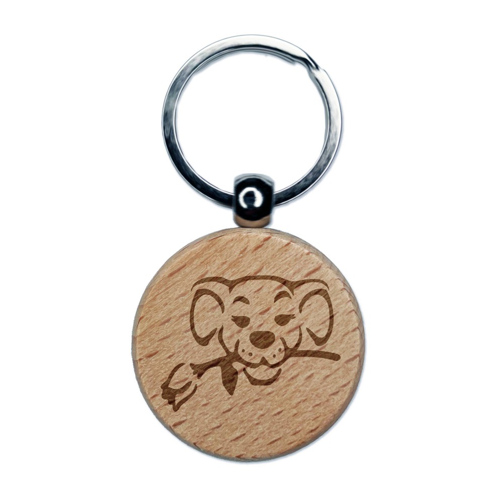 Romantic Wooden Keychain with Dog Holding Rose Engraved Charm