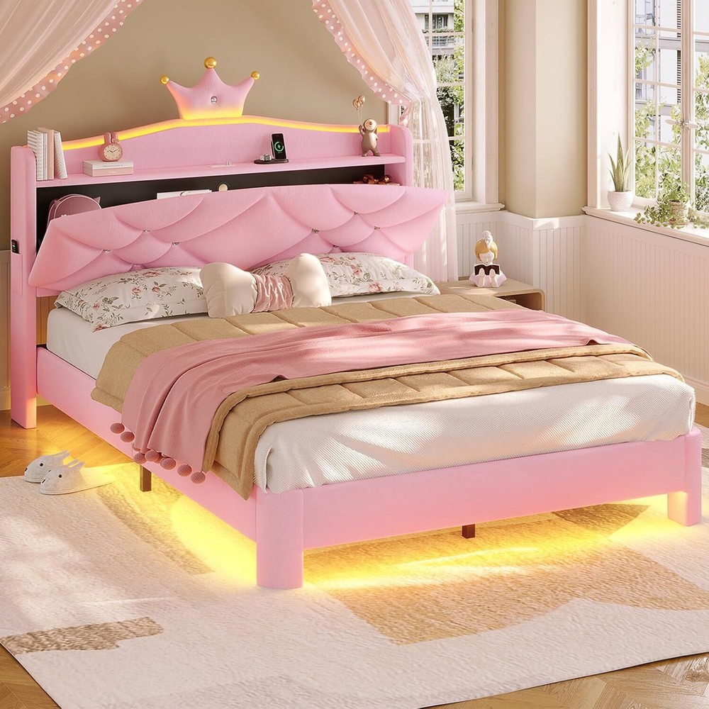 Princess Upholstered Full Bed Frame with LED Lights and Openable Headboard-image