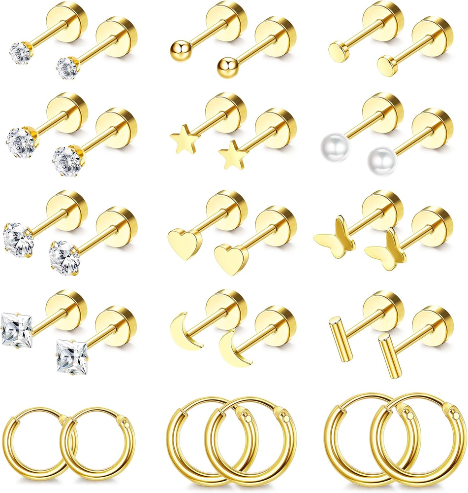 Hypoallergenic 14K Gold Plated Flat Back Stud Earrings for Women & Men  