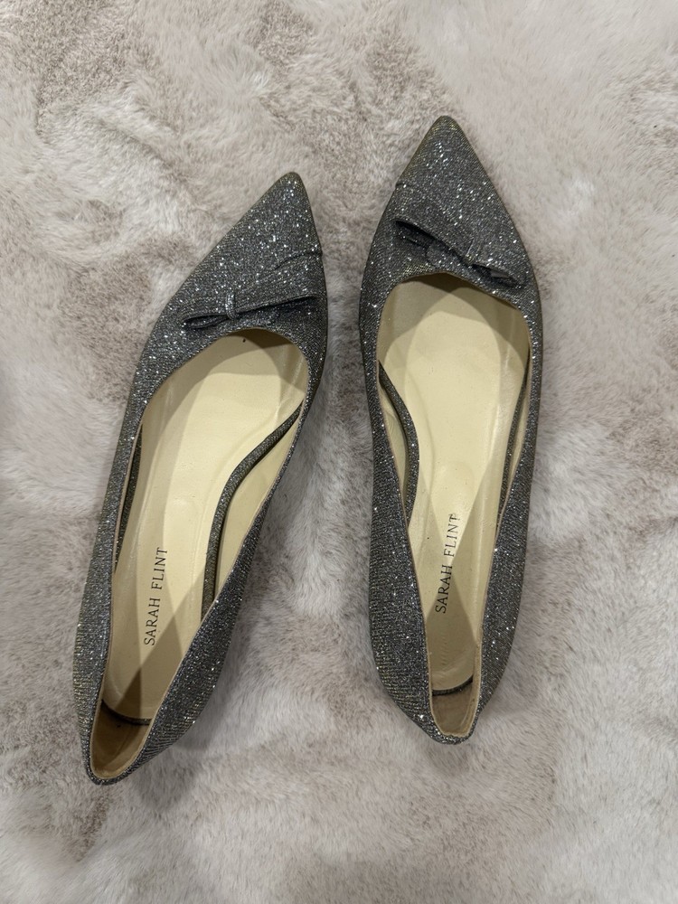 Sarah Flint Silver Glitter Bow Pointed Toe Ballet Flats Women’s Size 40