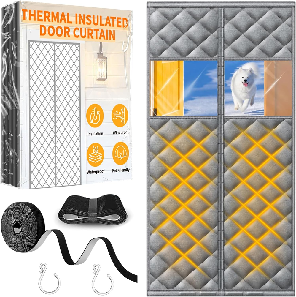 Upgraded Magnetic Thermal Insulated Door Curtain with Perspective Window, Weathe