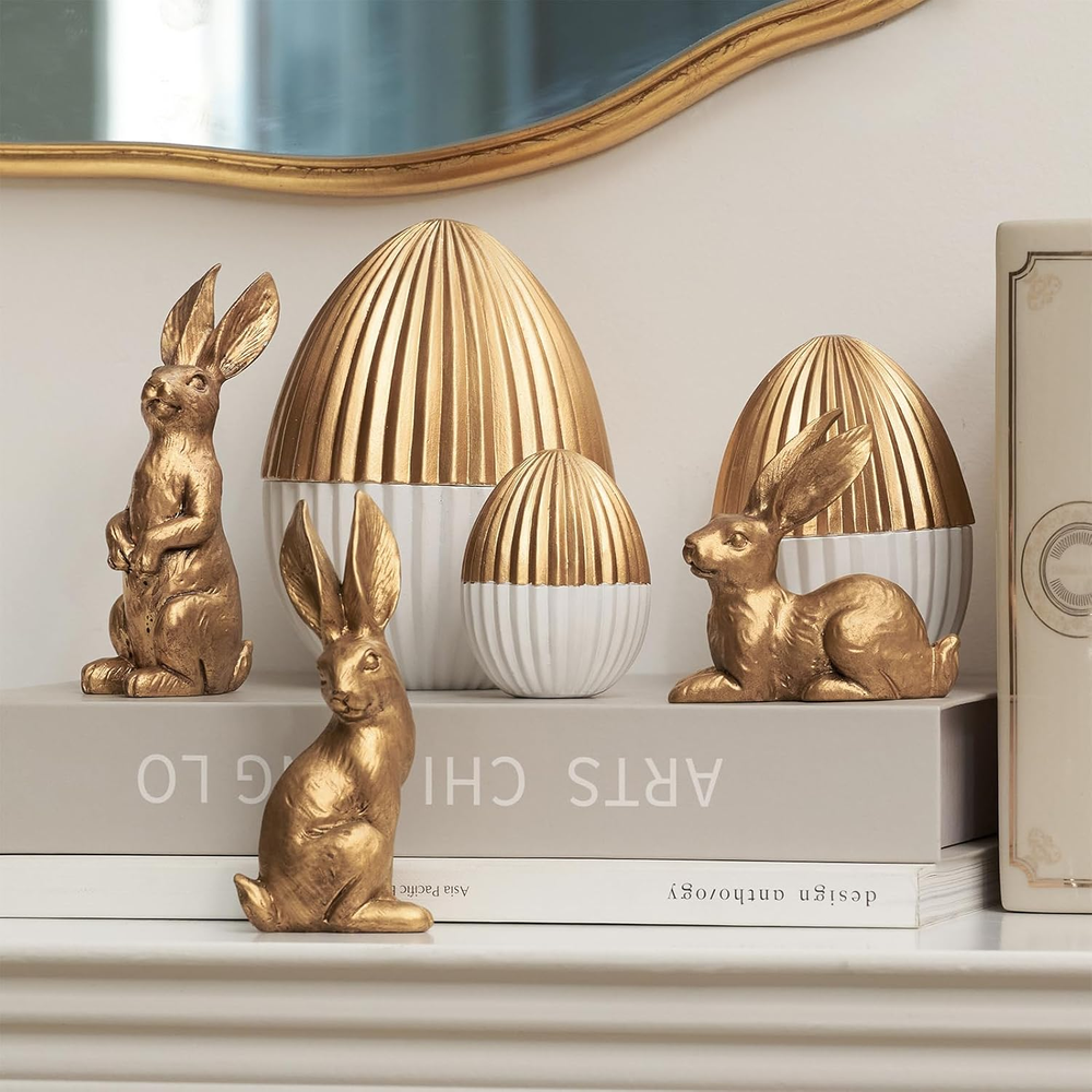 6PCS Easter Decorations with 3 Rabbits and 3 Gold Easter Eggs, Small Easter Bunn