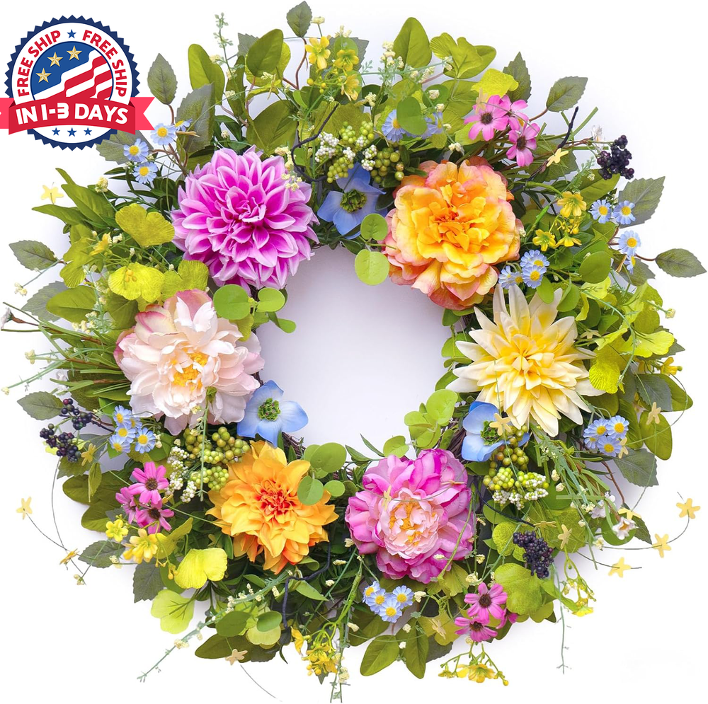 Coronas de verano para puerta con peonías y dalias