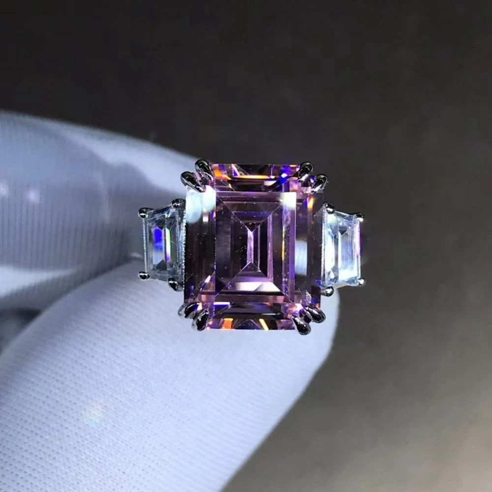 5Ct Emerald Cut Pink Moissanite Three Stone 18K Gold Ring