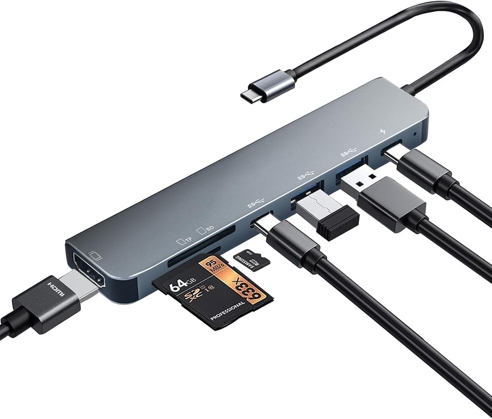 USB C Hub Multiport Adapter, 7 in 1 USBC Dongle with 7 IN 1 C Hub, Grey