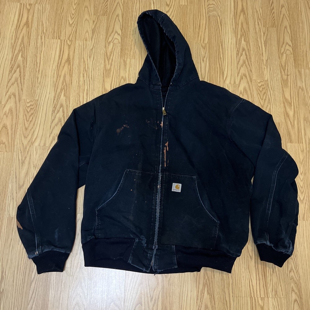 Carhartt Black Distressed Lined Hooded Work Coat for Men XXL