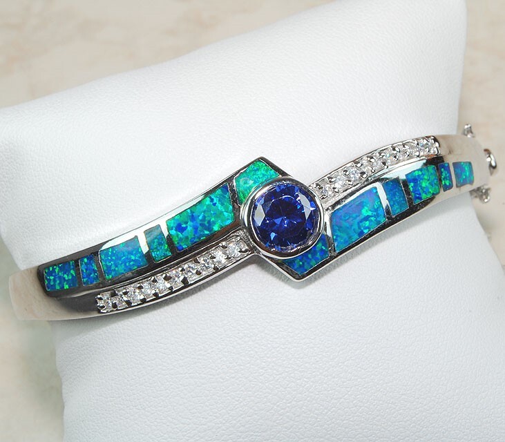 Treated Sapphire & Australian Opal Inlay 925 Silver Bangle Bracelet OX2