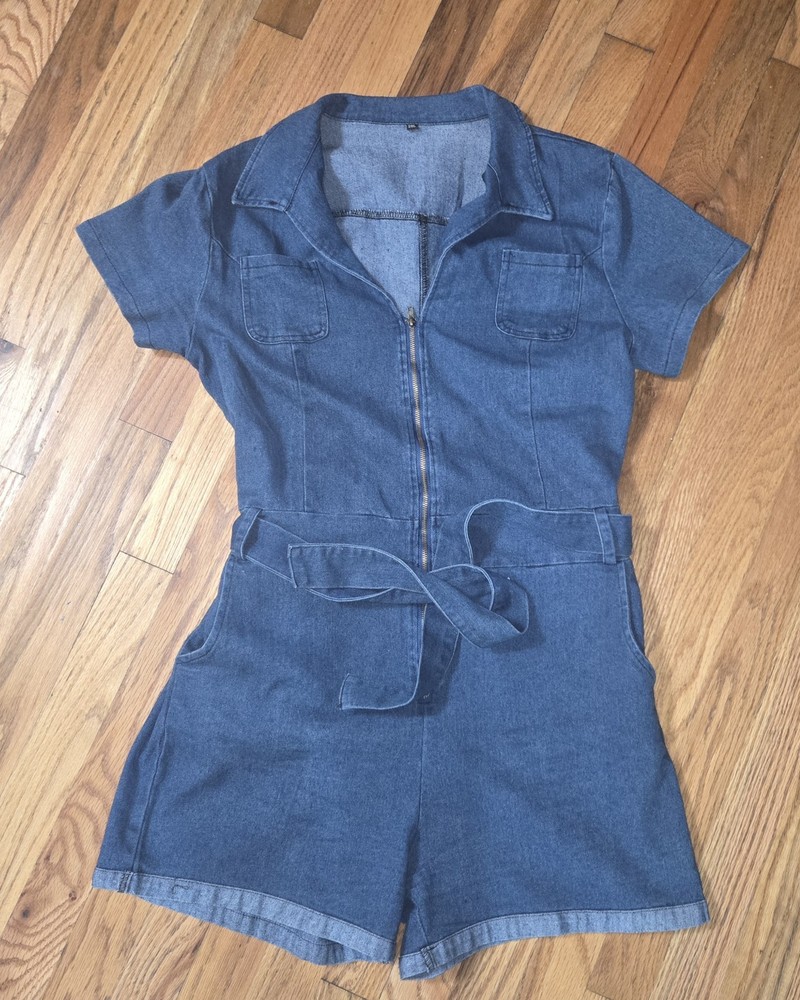 Blue Denim Short Sleeve Zip Romper with Belt, Pockets, Collared, m/l
