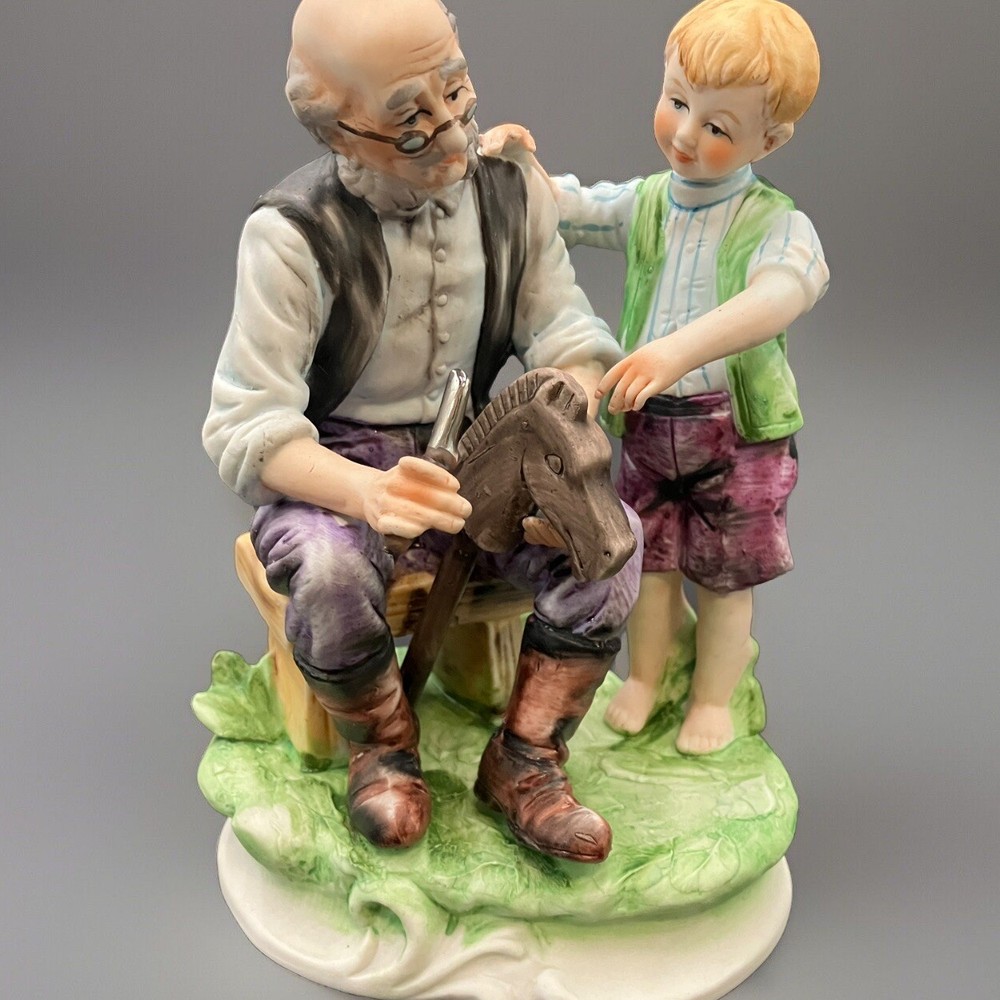 Vtg Lefton Figurine Old Man Grandfather Boy Bisque Porcelain Arrow Sword Mark