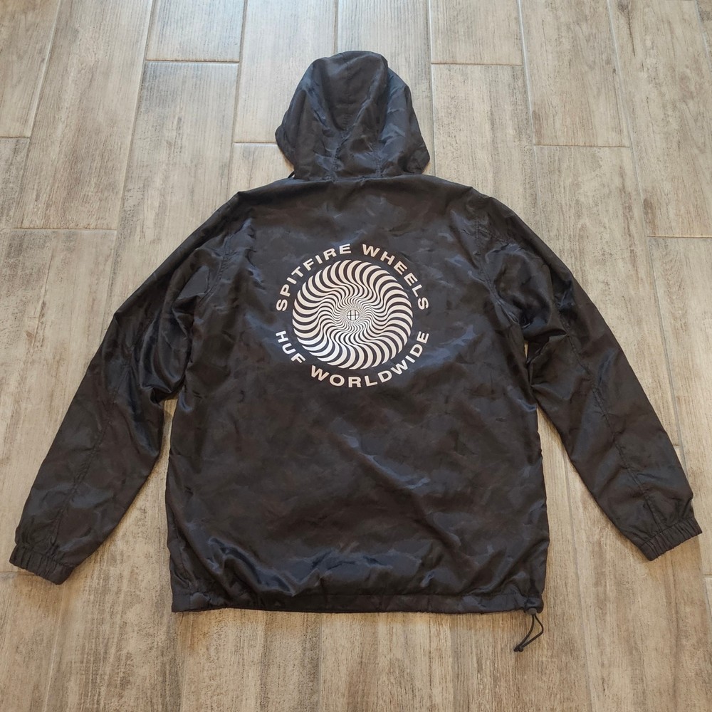 HUF x Spitfire Black Windbreaker Jacket with Back Print for Men Size S Racing Style  