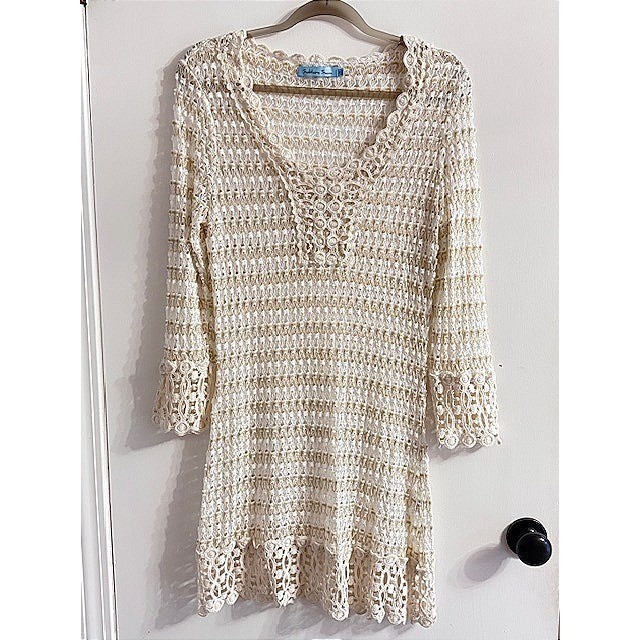 Solitaire Swim Crochet Cover-Up Dress Cream Gold Metallic Knit V-Neck Large