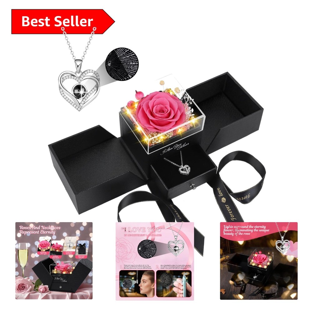 Valentine’s Gift: Preserved Rose in Box with I Love You in 100 Languages Pendant