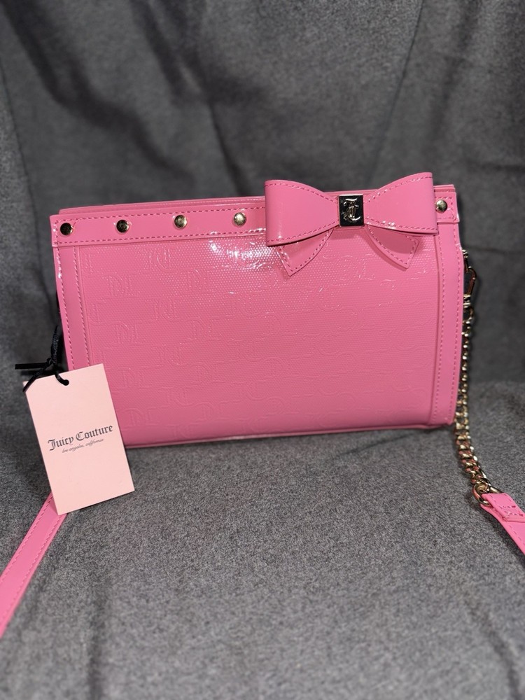 Juicy Couture Pink Shoulder Bag Bow Studded Gold Hardware Adjustable Strap Logo