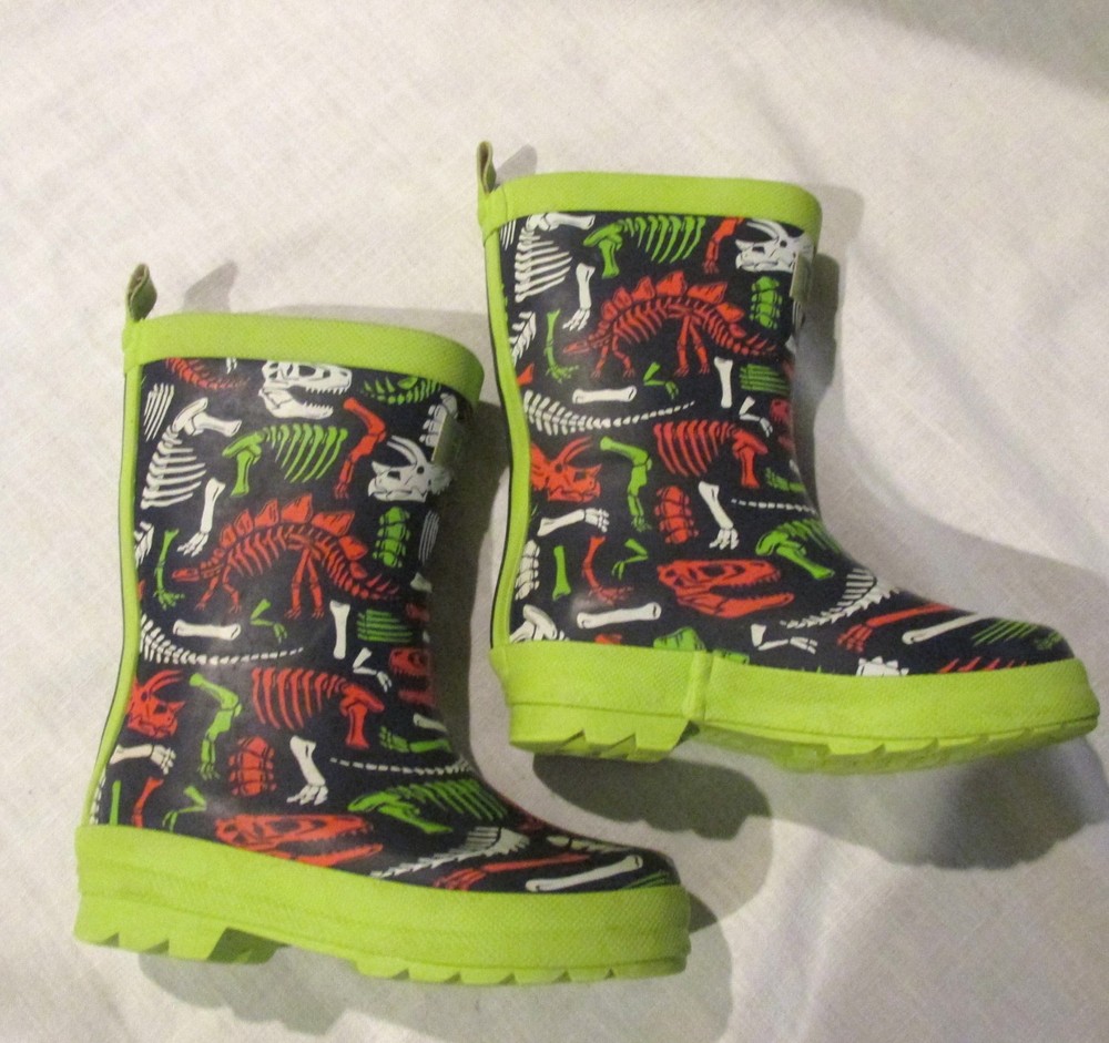 Boys Hately Dinosaur  Rubber Rain Boots Size 10 Black Lime Green