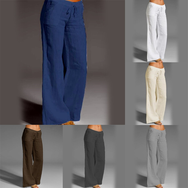 Women Elastic High Waist Loose Pants Wide Leg Cotton Linen Trousers Beach Baggy